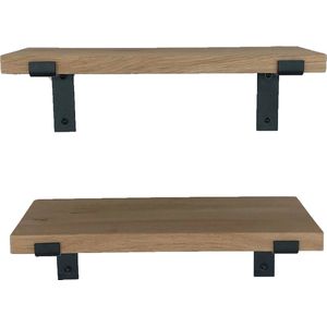 GoudmetHout Prijstopper - Set Eiken Wandplanken - Industrieel Wandrek - 50x10 cm - Industriële Plankdragers L-vorm - Staal - Mat Zwart