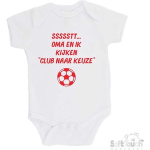 Soft Touch Romper Gepersonaliseerd Voetbal Club naar Keuze ""ssssstt Oma en ik kijken ...."" Unisex Katoen Wit/rood Maat 56/62