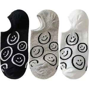 Sokken heren - dames - kinderen | Happy Socks | Emoji enkelsokken | zwart - wit - grijs | maat 34 - 40 | sportsokken | onzichtbare sokken