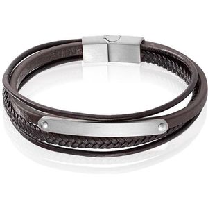 Mendes Heren Armband Bruin Leer Edelstaal ID Graveerplaat Zilverkleurig-19cm