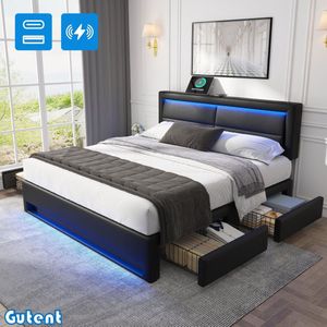 Gutent Tweepersoonsbed-140 x 190 cm-met USB-poort-met-LED-verlichting-vier ladenzonder Matras-Litchi PU design-Zwart