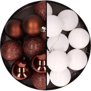 24x stuks kunststof kerstballen mix van donkerbruin en wit 6 cm - Kerstversiering