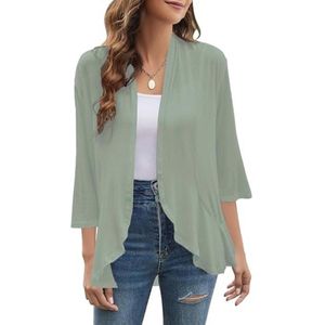 Dames Cardigan Met 3/4 Mouwen - Lichtgewicht Open Front Gebreide Cardigan Met Drapé Ruffles