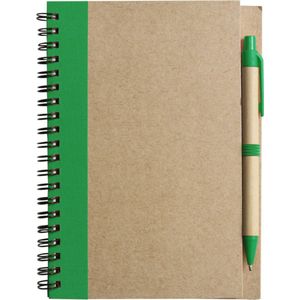 Notitie/opschrijf boekje met balpen - harde kaft - beige/groen - 18x13cm - 60blz gelinieerd - blocnotes