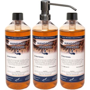 Handzeep Orange 500 ml - set van 3 stuks - met gratis RVS zilverkleurige pomp - Voordeelverpakking