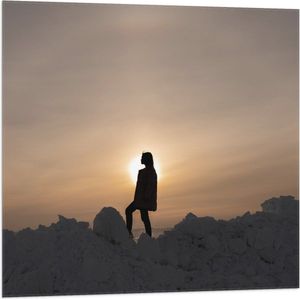 WallClassics - Vlag - Silhouet van Vrouw op Hoop Sneeuw - 80x80 cm Foto op Polyester Vlag
