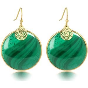 *Grote goudkleurige oorbel Malachite 40mm - Goudkleurige ronde oorbel met Malachite edelsteen en goudkleurige bedel met bloemmotief - Met luxe cadeauverpakking