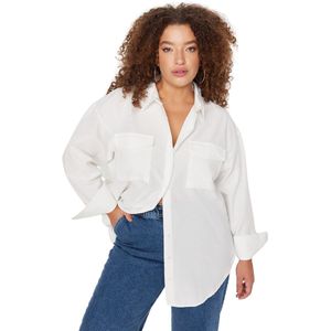 Trendyol Ecru Katoenen Lange Mouwen Dubbele Zak Rok Split Poplin Geweven Plus Size Shirt Tbbaw23Ax00013