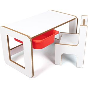Industrial Living kindertafel met rode lade - Speeltafel - Tekentafel - Activiteitentafel met kinderstoel - Kinderbureau - Hout - Wit