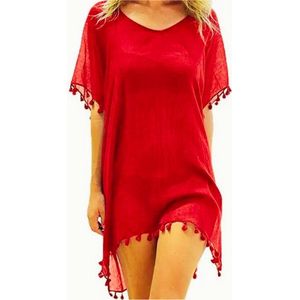 ASTRADAVI Pareo Jurk - Sarong Dress Beachwear - Dames strandkleding met Ronde Hals en Franjes - Rood