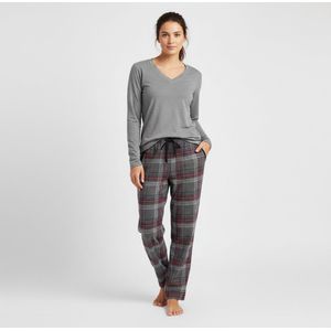 La-V pyjamasets voor dames met geruite flanel broek Grijs/ bordeaux rood S