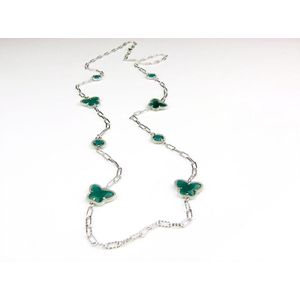 lange zilveren halsketting collier halssnoer gerhodineerd Model Vlinder en Bol met donker groene stenen