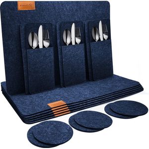 Vilten placemats set van 18, wasbare placemats (44 x 32 cm), 6 vilten onderzetters, 6 besteksets, tafelonderzetters set - placemats borden, donkerblauw