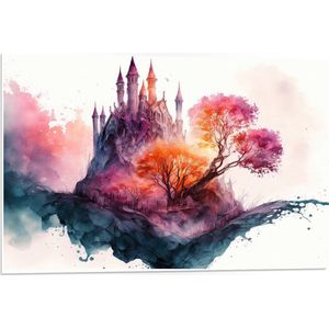 PVC Schuimplaat- Kleurrijke Aquarel Tekening van Sprookjes Kasteel - 75x50 cm Foto op PVC Schuimplaat