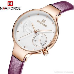 NAVIFORCE horloge met paarse lederen polsband, witte wijzerplaat en rosé gouden horlogekast voor dames met stijl ( model 5001 RGWPE )