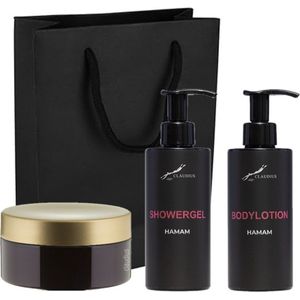 Douchepakket Hamam - Showergel + Bodylotion + Scrubzout 300 gram - 300 ml per fles - set van 3 stuks - met luxe gift tas - cadeau - giftset voor hem en haar