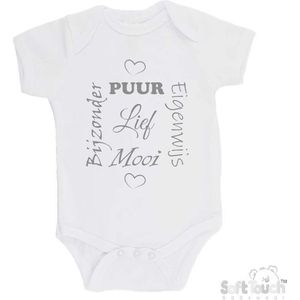 100% katoenen Romper ""Puur Eigenwijs Mooi Bijzonder Lief"" Unisex Katoen Wit/grijs Maat 68/74