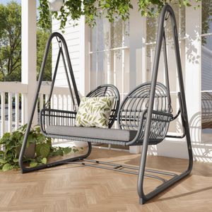 Learnlogic tuinschommel, verandaschommel met rugleuning, tuinmeubelset voor buiten, dubbele schommel van PE-rotan, 2 zitplaatsen, donkergrijs zitframe en kussens
