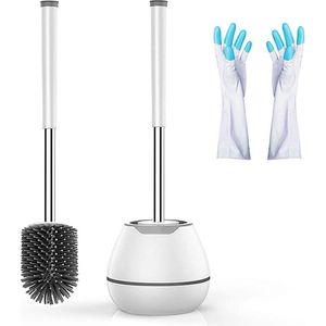 Hygiënische toiletborstel set inclusief houder en handschoenen | RVS borstel met geïntegreerde pincet voor haren | Rubberen kop voorkomt haren | Lange steel en snel droog