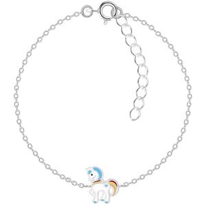 Joy|S - Zilveren eenhoorn armband - pony armband - 14 cm + 3 cm - unicorn / 7x 10 mm - blauw hartje
