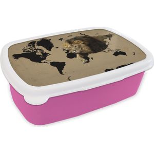 Broodtrommel Roze - Lunchbox - Brooddoos - Wereldkaart - Zwart - Leeuw - 18x12x6 cm - Kinderen - Meisje