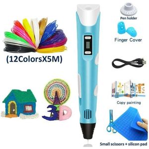 3D-printpenset Doodle Printer Tekening 12 kleuren PLA Filament Cadeau voor kinderen - Blauw