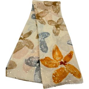 Lente en Zomer Sjaal - Scarf - Dames sjaal - Beige met oranje bloemen, donkerblauw en bruin