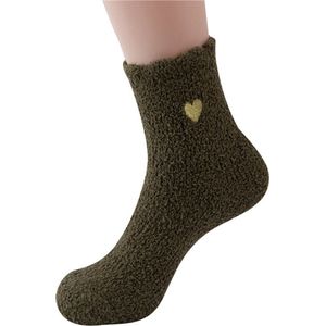 Fluffy Sokken Dames - huissokken - groen - bruin - print hart - hartje - 36 - 40 - zacht - cadeau voor haar - gift - Kerst cadeau - geschenk vrouwen