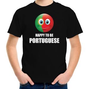 Portugal Happy to be Portuguese landen t-shirt met emoticon - zwart - kinderen -  Portugal landen shirt met Portugese vlag - EK / WK / Olympische spelen outfit / kleding 134/140
