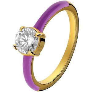Lucardi Dames Stalen goldplated ring met paarse emaille en zirkonia - Ring - Staal - Goud - 18 / 57 mm