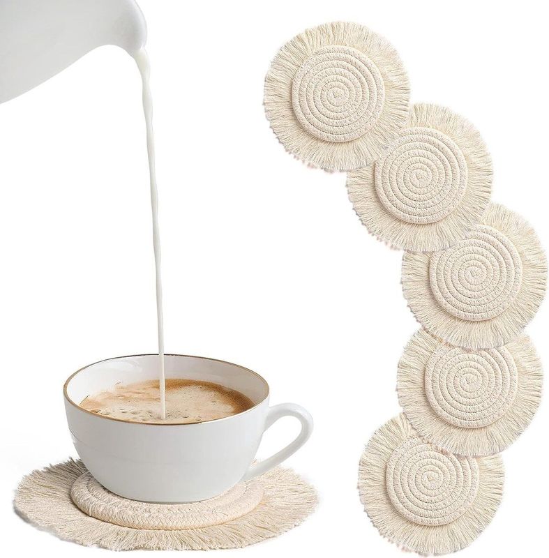 Boho onderzetters, glazen, 6 stuks, rond, handgemaakt, macramé, onderzetters, beige, drankonderzetters, onderzetters, koponderzetters, set voor thuis, restaurant, kantoor en bar