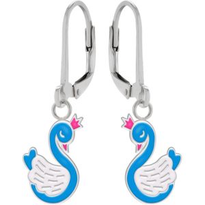 Oorbellen meisje | Zilveren kinderoorbellen | Zilveren oorhangers, blauwe zwaan met roze kroontje
