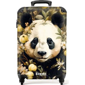 NoBoringSuitcases.com® - Handbagage koffer lichtgewicht - Reiskoffer trolley - Pandabeer te midden van bloemen en planten - Rolkoffer met wieltjes - Past binnen 55x40x20 en 55x35x25
