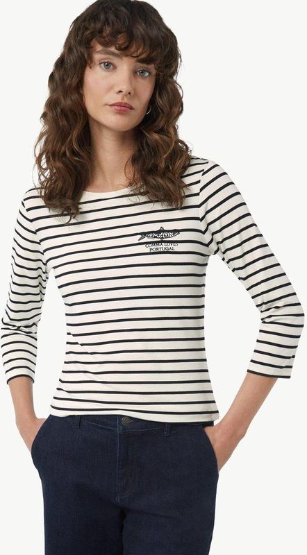 comma - T-Shirt - Gestreept - Slim-fit - 3/4 Mouwen