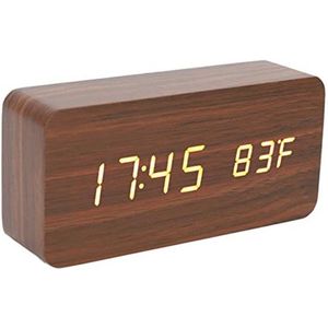Wooden Digital Alarm Clock, LED Digital Clock for Bedroom with Date, Temperature, Humidity Display, 3 Levels Adjustable Brightness Voice Control Electric Clocks