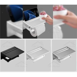 Toiletpapierhouder met plankje - Zwart – Wc-rolhouder met planchet - Toiletrolhouder met legplankje - Toiletrolhouder met telefoonplankje - Toiletrolhouder met telefoonhouder - Smartphonehouder voor toilet - Rolhouder toilet - Toilet paper holder