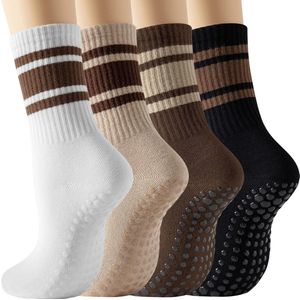 Yogasokken voor dames - Aerobicssokken - Antislip yogasokken - Pilatessokken - Antislipsokken - Vloersokken - Gestreepte multifunctionele sokken - Geschikt voor sport - Verpakking van 4 paar