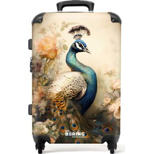 NoBoringSuitcases.com® - Koffer groot - Rolkoffer lichtgewicht - Gedetailleerde blauwe pauw met gouden gloed - Reiskoffer met 4 wielen - Grote trolley XL - 20 kg bagage