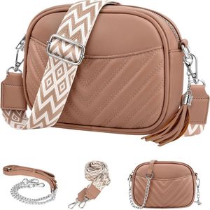 Crossbody tas voor dames - Bruin - 22 x 16 x 5 cm - Met 2 verschillende schouderriemen en sleutelhanger - Schoudertas voor vrouwen - Verstelbare aztec schouderband - Handtas met ritsen - Waterbestendig - Zilveren hardware - Telefoontas