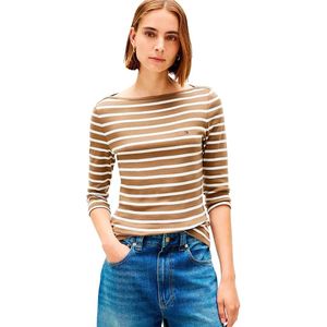 Tommy Hilfiger Dames Slim Cody Boat-NK 3/4SLV WW0WW40589 L/S T-shirt, bruin (Nordic Taupe/Ecru STP), XXS, Bruin (Nordic Taupe/Ecru Stp), XXS