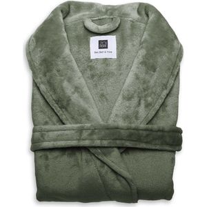 Luxe unisex fleece badjas olijf groen - M - heerlijk zacht en comfortabel - lang model - met steekzakken, kraag en riem - hoogwaardige kwaliteit