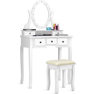 Make-uptafel met ledverlichting, kaptafel met spiegel, kaptafel van hout, kaptafel met lade en kruk
