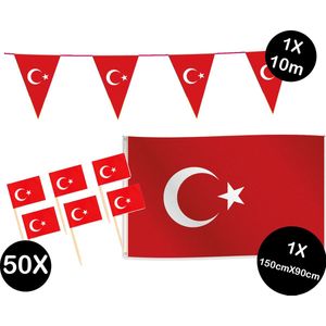 Landen versiering pakket Turkije- gevelvlag Turkije(150cmX90cm)-prikkertjes Turkije(50stuks)-vlaggenlijn Turkije(1stuks)-Europa party decoratie (Turkije)