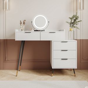 Gutent Kaptafel (Zonder stoel), Wit, incl. Uittrekbare Zijkasten met Verstelbare Helderheidsspiegel met 5 laden, Grote kaptafel, slaapkamermeubels