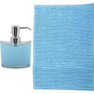 MSV badkamer droogloop mat - Bolzano - 40 x 60 cm - met bijpassende kleur zeeppompje - lichtblauw