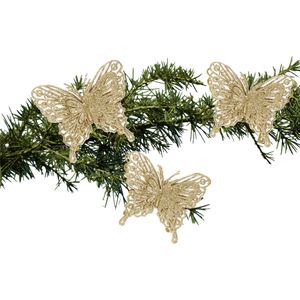 Kerstboom vlinders op clip - 11 cm - goud glitter -3x stuks -kunststof