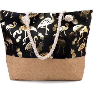 Een vrolijke strandtas met een print van een flamingo (55x35cm) gevoerd en afsluitbaar met een rits aan de binnenkant. Een handige tas om veel in mee te kunnen nemen. Afgewerkt met twee handvaten van gedraaid touw. Voor uzelf of als Cadeau.
