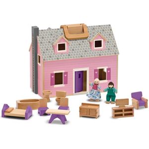 Melissa & Doug Draagbaar uitklapbaar mini-poppenhuis (draagbaar houten poppenhuis, werkende deuren, stevige handgrepen, 26,416 cm H × 30,226 cm B × 42,418 cm L)