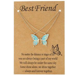 Bixorp Friends BFF Ketting voor 2 met Vlinders - Blauw aan Goudkleurig Koord - Cadeau voor Haar / Dames / Vriendin / Mama / Vrouwen- Best Friends  voor Twee