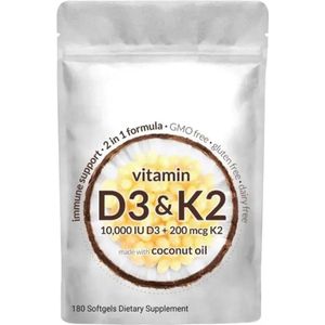 Vitamine D3 10.000 IU met K2 200 Mcg (MK7) – Hoog gedoseerd – 180 Capsules – Botten, Immuun & Spieren – Vegan – Supplement voor Dagelijkse Weerstand